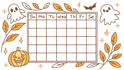 Aesthetic halloween themed calendar with ghosts pumpkin bat leaves and stars for planning events and dates