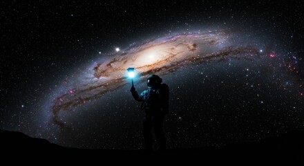 Obraz premium Astronaut's exploration with luminous device and a distant galaxy illuminating the vast cosmos