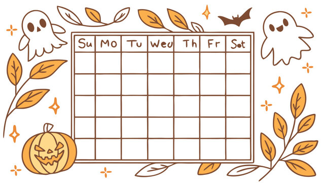 Aesthetic halloween themed calendar with ghosts pumpkin bat leaves and stars for planning events and dates