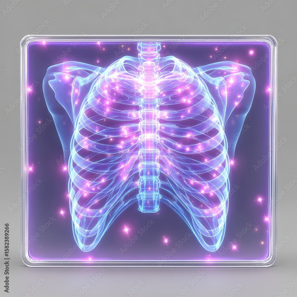 Poster glowing ribcage digital rendering in transparent frame