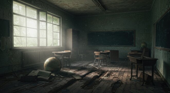 Eerie classroom ambience, a reminder of forgotten lessons and the passage of time within an