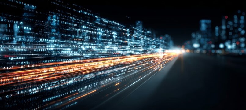 Futuristic Cityscape Data Flow Illustrating Global Communication and Accelerated Technology Advances