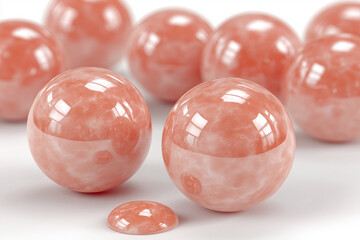 Glossy peach-colored spheres on white surface