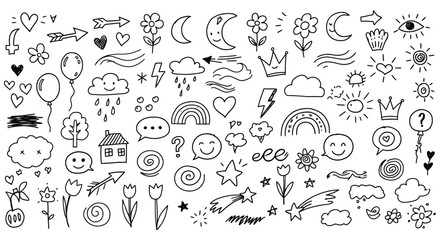 A whimsical collection of handdrawn doodles showcases hearts, flowers, moons, and clouds, creating a charming and playful design element