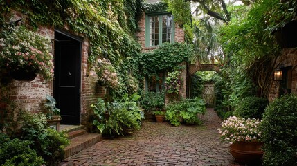 Fototapeta premium Charming brick pathway in a lush garden, adorned with vibrant flowers and creeping vines.