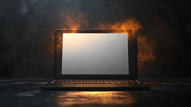 Glowing laptop with a blank gift card against a dark background - Powered by Adobe