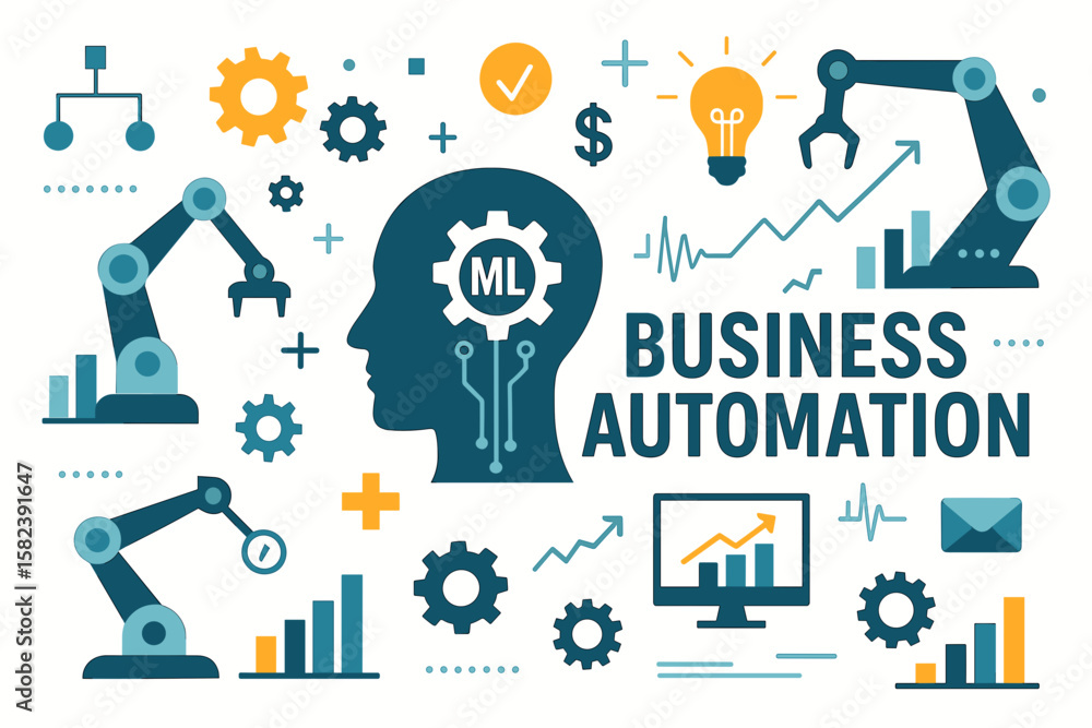 Poster business automation concept with robotic arms and data graphs