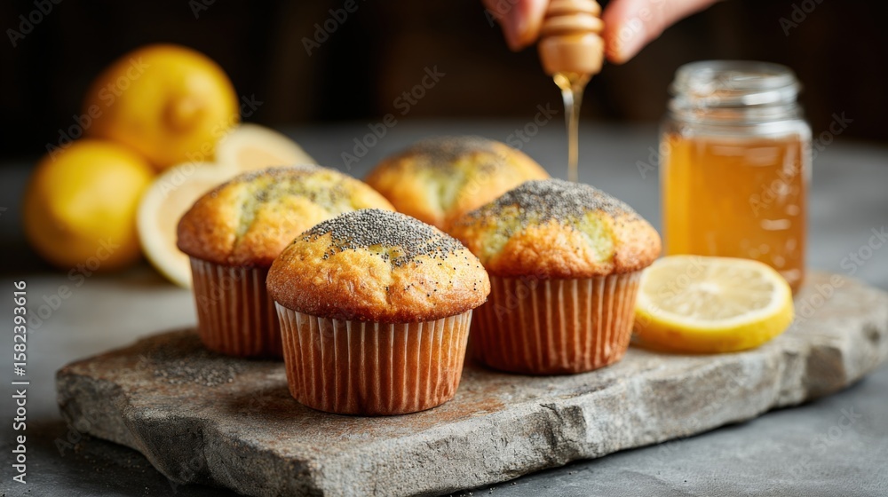 Poster freshly baked lemon poppy seed muffins with honey drizzle on rustic stone surface with lemons and ho