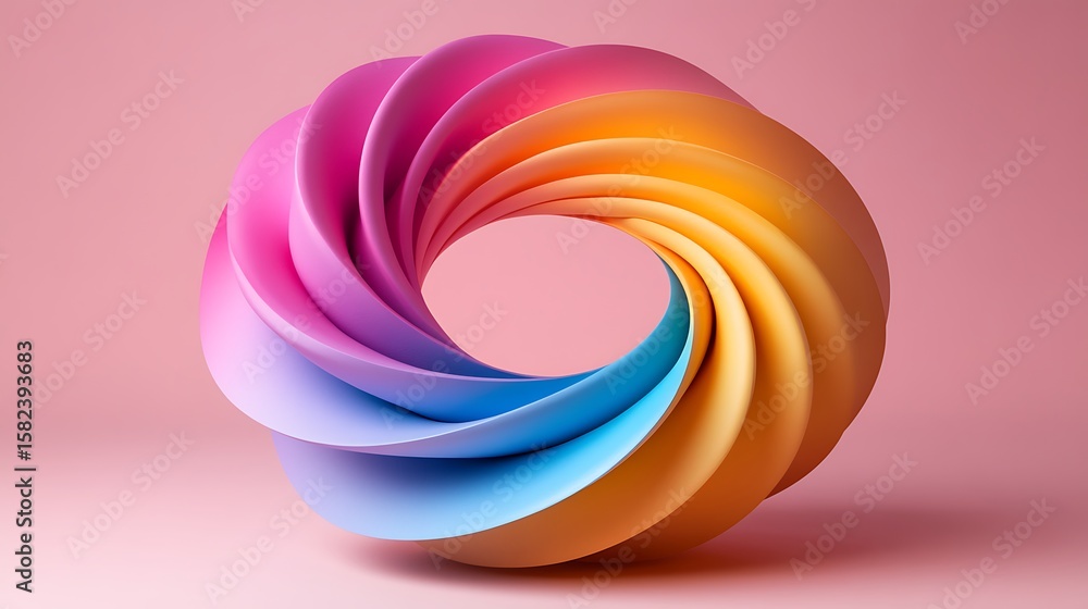 Aufkleber iridescent twisted torus: a swirl of multicolored layers on a soft pink backdrop
