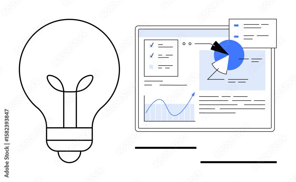 Poster light bulb beside data visualization screen with charts, graphs, text, and diagrams. ideal for innov