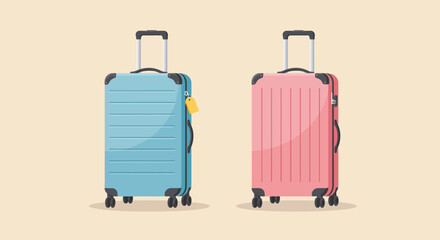 Two suitcases, one pink and one blue, stand ready for travel and adventure, isolated on a neutral background