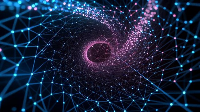 Mesmerizing Digital Vortex Interconnected Blue and Pink Nodes and Lines Swirling Dynamic Pattern Against Dark Background, Evoking Futuristic Technology, Complexity, Connectivity, and Data Flow