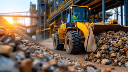 Obraz premium Heavy construction machinery operating on a gravel site with a loader moving rocks at sunrise in an industrial environment