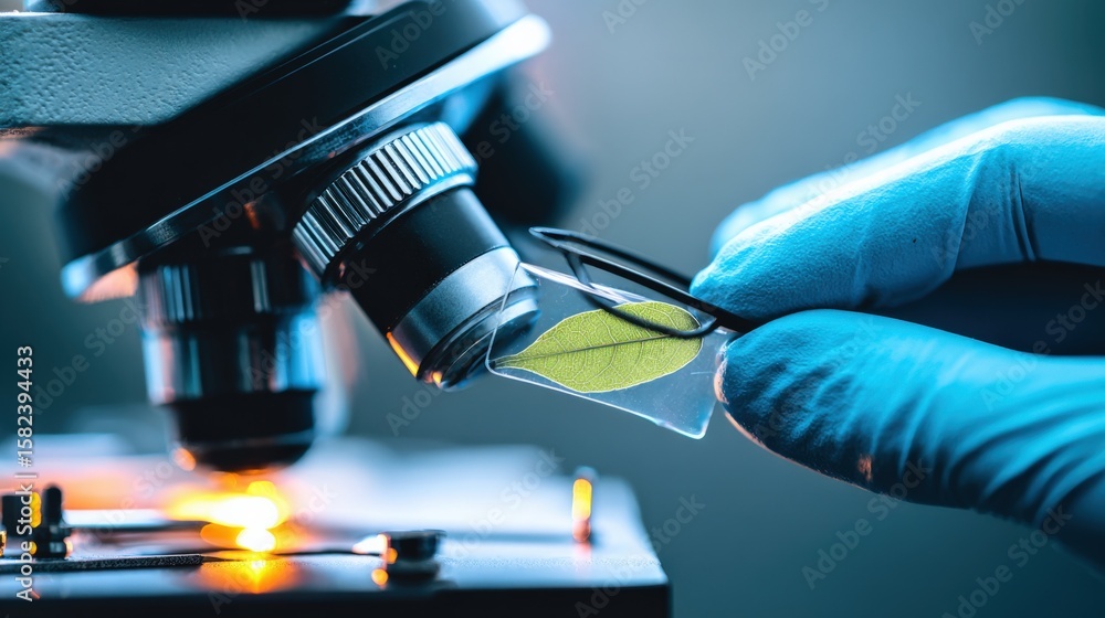 Poster close-up of scientist's gloved hand handling a tiny silicon chip under a microscope for technologica