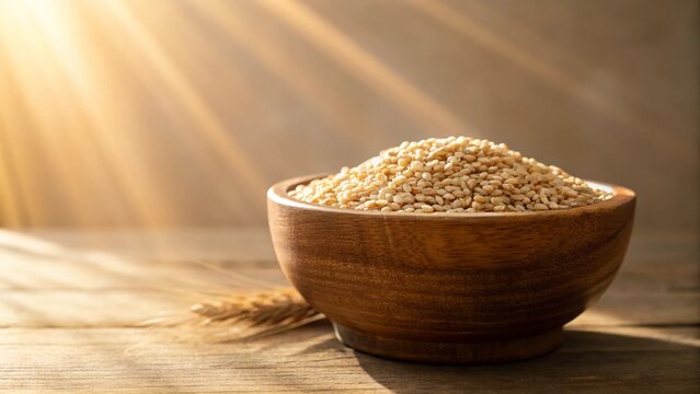 raw organic grains in a rustic bowl sunlight back