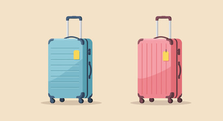 Two suitcases, one pink and one blue, stand ready for travel and adventure, isolated on a neutral background