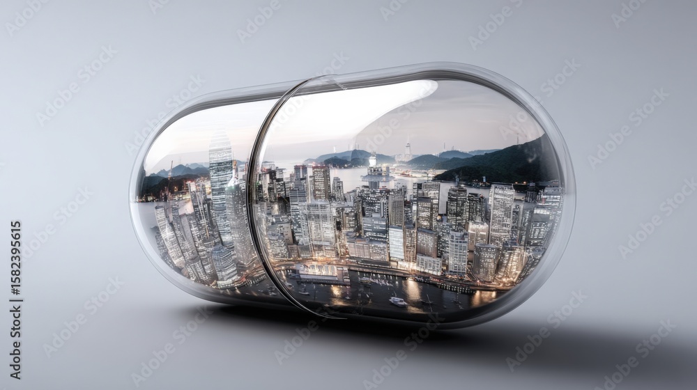 Poster modern transparent capsule-shaped container with city skyline view inside and surrounding buildings 
