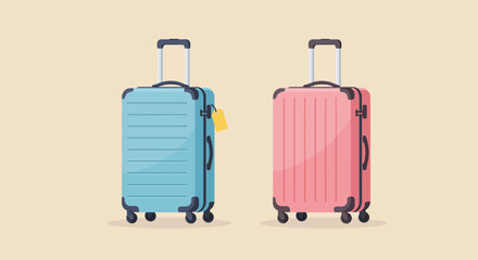 Two suitcases, one pink and one blue, stand ready for travel and adventure, isolated on a neutral background