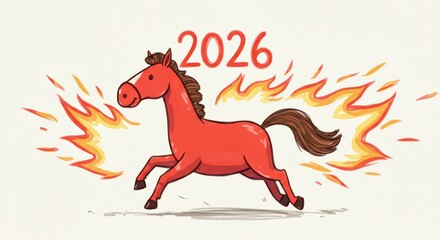 Illustration of funny red fire horse galloping with 2026. Chinese New Year zodiac animal. Lunar year greeting card design, notebook, poster, calendar, textile, sticker.