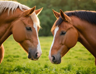 Obraz premium Portrait of two beautiful horses touching noses, lovely, on a natural green farm background, showing animal behavior in the forest at sunlight. horse in the field.