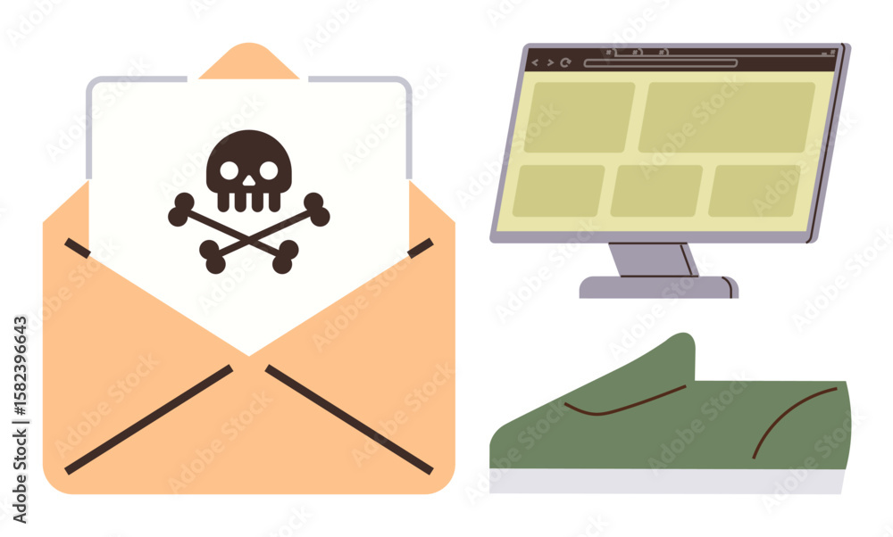 Aufkleber open envelope with phishing threat, computer monitor displaying browser, and trojan malware concept.