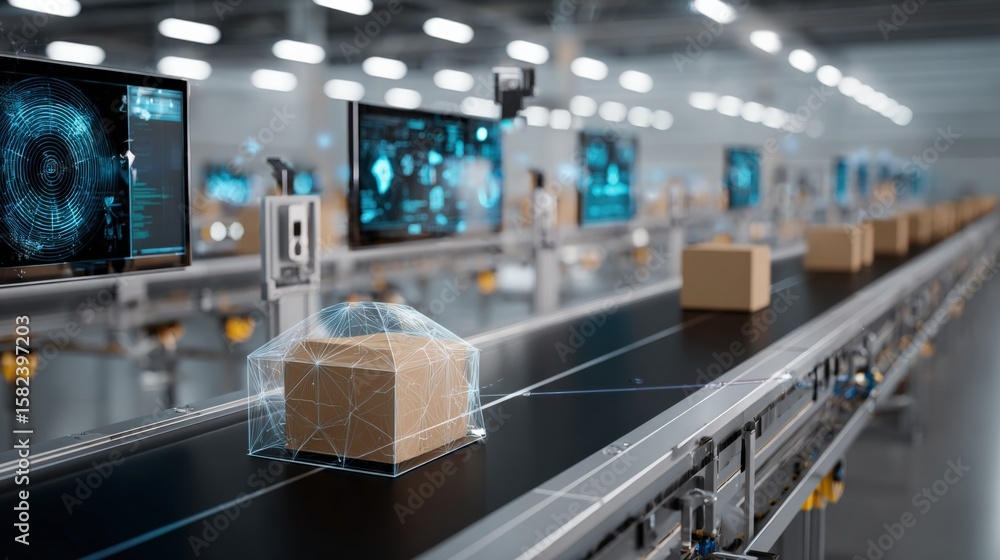 Poster advanced automated packaging line in modern factory with conveyor belts and digital quality control 