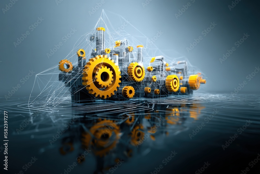 Poster futuristic digital cloud composed of interconnected gears and cogs with a glowing technological netw