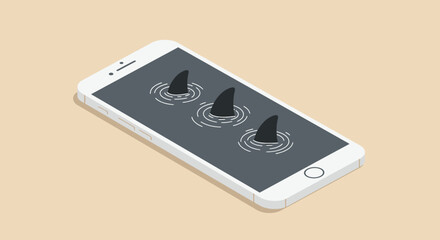 A smartphone screen displays shark fins emerging from the water, symbolizing online dangers and security threats, isolated on a neutral background