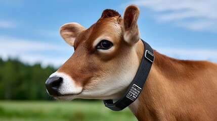 A close-up portrait of a calm, brown cow in a serene countryside setting. long_title:A close-up portrait of a peaceful, brown cow standing in a