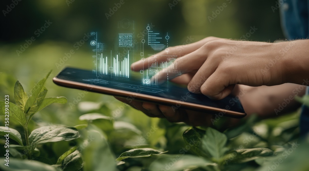 Poster young person using a smartphone outdoors in garden with digital data holograms floating above the de