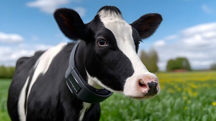 Close-up portrait of a dairy cow in a grassy field