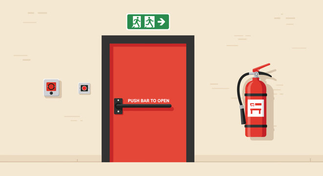 A red fire exit door with a green exit sign and a fire extinguisher on the wall ensures safety and emergency preparedness, isolated on a neutral background