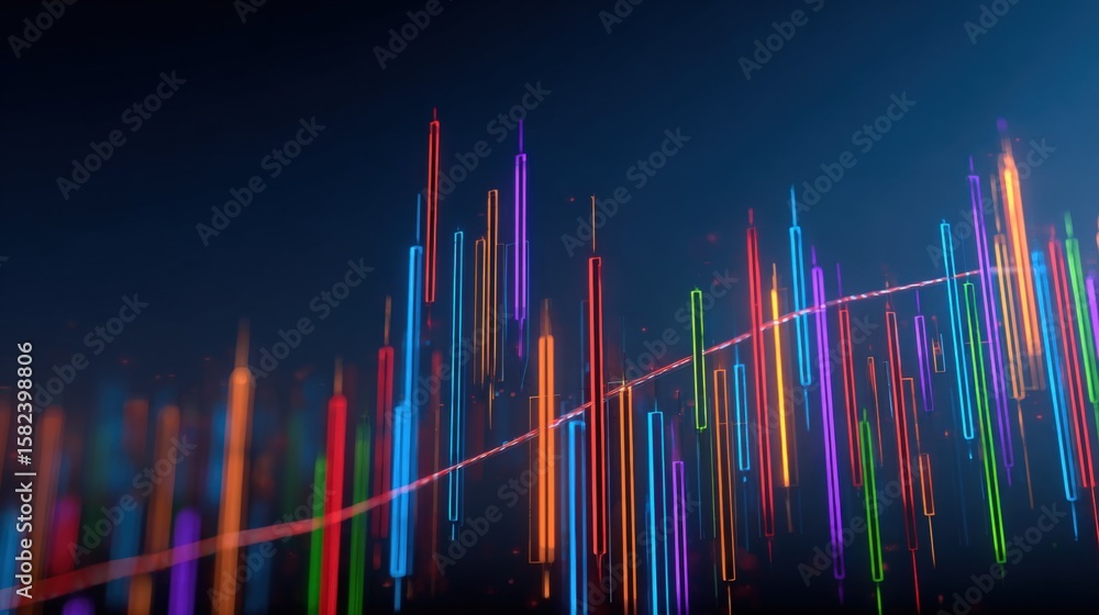 Poster vibrant neon light data chart with colorful graphs and digital financial market trends displayed on 