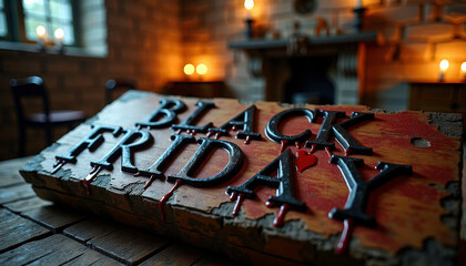 Rustic Black Friday wooden sign with metallic lettering in cozy candlelit room
