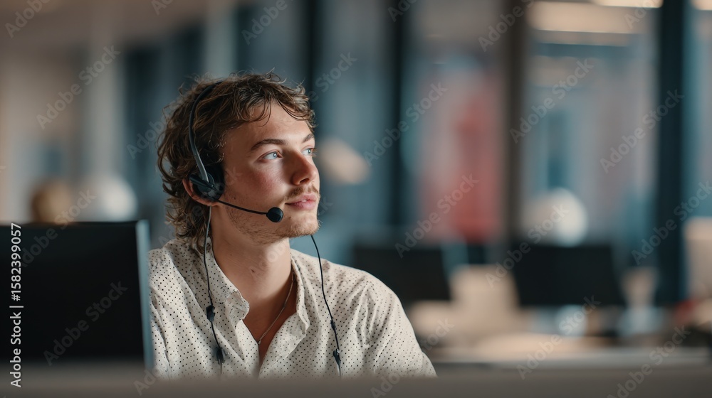 Poster young male customer support agent wea a headset with microphone working in a modern office environme