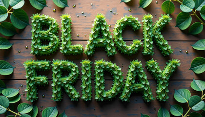 Green plant lettering for Black Friday arranged on wooden surface with natural decor
