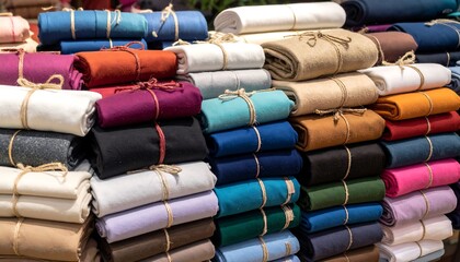 Rolled fabric bundles in various colors
