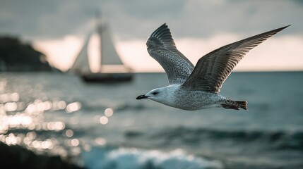 Fototapeta premium Beautiful seagull flying over ocean waves near sailboats du sunset with dramatic clouds, scenic coastal view, and vibrant maritime environment