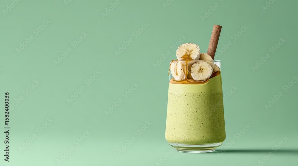 Poster refreshing banana smoothie in a clear glass with fresh banana slices and a straw on a soft green bac