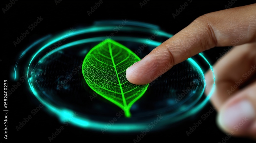 Aufkleber interactive futuristic digital interface with a glowing green leaf symbol representing eco friendly 