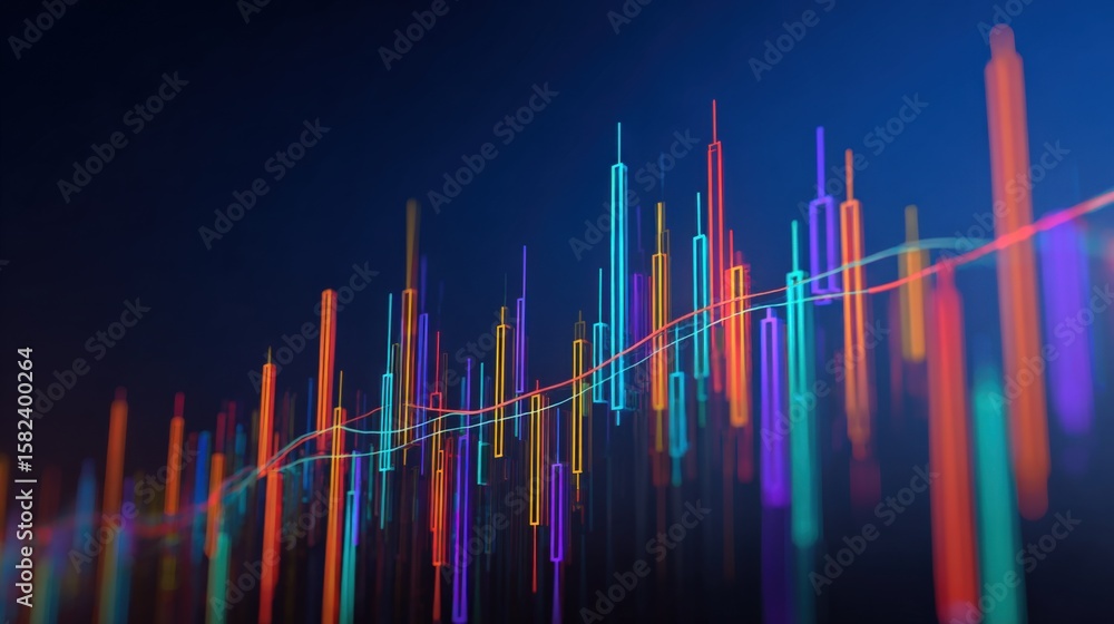 Poster colorful data analytics graph with neon lines and vibrant bar charts showing market trends and inves