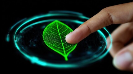 Interactive futuristic digital interface with a glowing green leaf symbol representing eco friendly technology and environmental protection