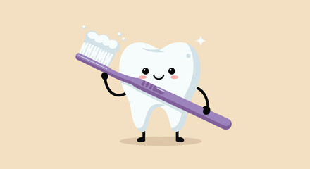 A happy cartoon tooth character holds a toothbrush with toothpaste, promoting dental care and oral hygiene, isolated on a neutral background