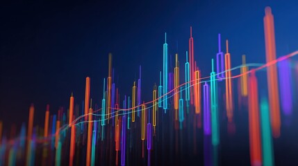 Colorful Data Analytics Graph with Neon Lines and Vibrant Bar Charts Showing Market Trends and Investment Performance Visualization