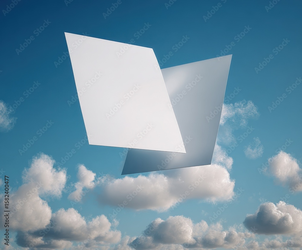 Poster abstract geometric shapes floating in the sky with clouds