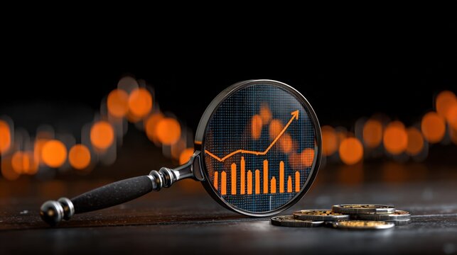 Close-up of black magnifying glass with financial graph chart and coins on dark background symbolizing investment analysis and stock market research