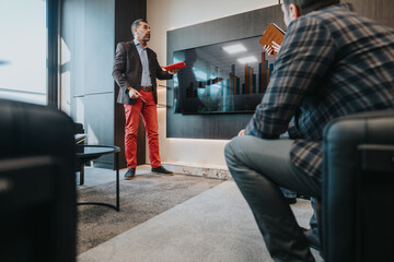 Professional scene depicting a business discussion focusing on statistical data presentation among colleagues within a boardroom setting