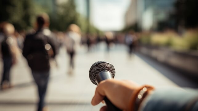 Close-up of a person's hand holding a microphone du outdoor public speaking event with blurred ence and modern cityscape background