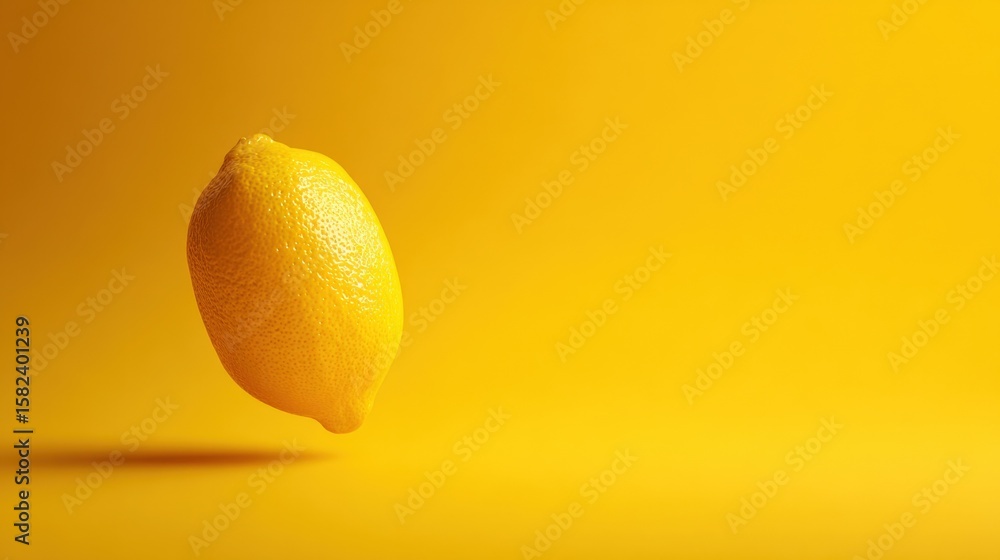 Poster bright yellow lemon with textured skin floating in front of a vibrant yellow background creating a f