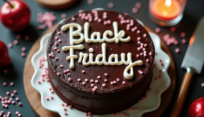 Chocolate cake with Black Friday inscription and festive decor in cozy setting
